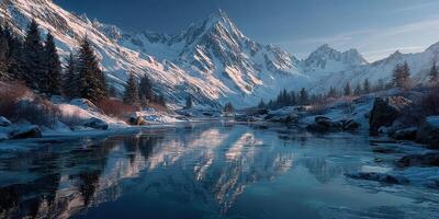 Stunning winter landscape showing snow-covered mountains and a tranquil river reflecting the scenery at dawn photo