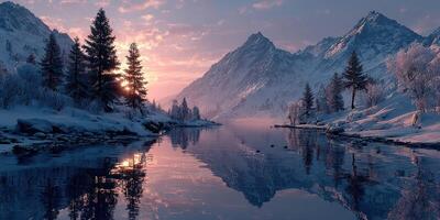 Majestic winter landscape with snow-capped mountains and serene river at sunset photo