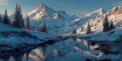 Majestic winter mountain landscape with snow-covered peaks and serene river at twilight in a remote wilderness area photo