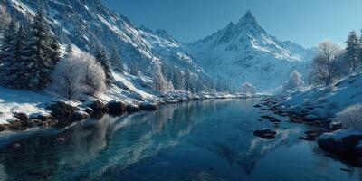 Winter landscape with snow-covered mountains reflecting in a tranquil river under a clear blue sky photo
