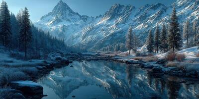 Majestic snow-covered mountains reflect in a tranquil river under a clear blue sky in the early morning light photo