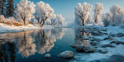 Frozen river reflects winter landscape with snow-covered trees at dawn in a serene natural setting photo