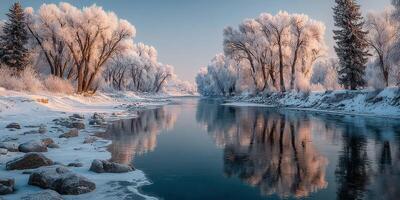 Winter landscape featuring a serene frozen river reflecting frosty trees in a tranquil morning light photo