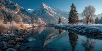 Snowy mountain landscape reflected in a calm river at dawn with frosted trees and rocks along the bank photo
