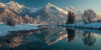 Snowy mountains reflect in a tranquil river during early morning light photo