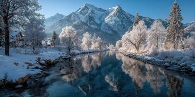 Winter landscape with snow-covered mountains and a calm river reflecting the scenery photo