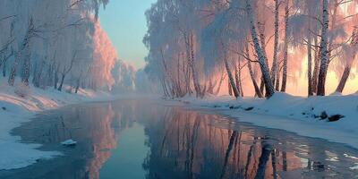 Frost-covered trees line a tranquil river under the soft glow of morning light in winter photo