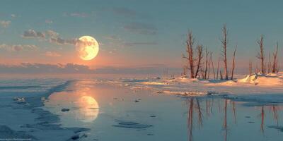Stunning winter moonrise over a frozen lake with silhouetted trees at dusk photo