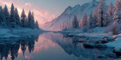 Winter landscape at sunset featuring snowy trees and a serene river photo