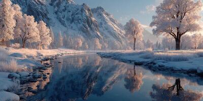 Majestic winter landscape with mountains, frosty trees, and a serene river reflecting the beauty of nature in morning light photo