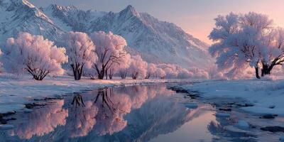 Winter landscape at dawn with snow-covered trees and a reflecting river in a serene mountain setting photo