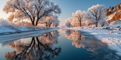 Winter landscape with frosted trees reflected in a calm river at sunset near the mountains photo