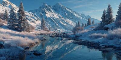 Snowy mountain landscape reflects in a serene river under a clear blue sky during winter's golden hour photo