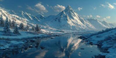 Majestic snowy mountains with tranquil river reflecting blue sky at dusk photo