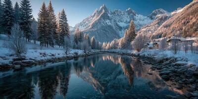 Snowy mountain landscape reflects in calm river at dawn with evergreen trees and serene atmosphere photo