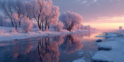 Winter landscape featuring frosty trees and a serene river at sunrise in a tranquil setting photo
