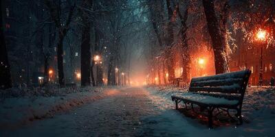 Winter evening in a snowy park with softly glowing street lamps and a solitary bench inviting a moment of peace photo