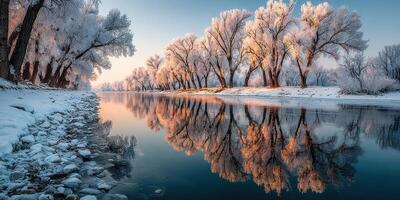 Frost-covered trees reflect beautifully on a serene river at dawn in a tranquil winter landscape photo
