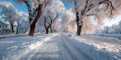 Snow-covered path lined with frosted trees in a serene winter landscape at midday photo