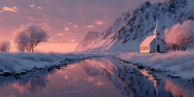 Winter landscape with a quaint church beside a reflective river at sunset in a snowy mountain setting photo