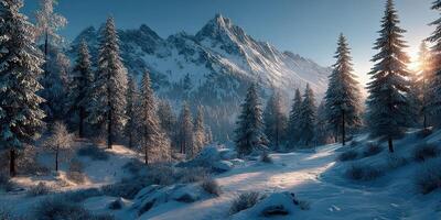Snow-covered mountain landscape at dawn with tall pine trees and dramatic peaks in the background photo