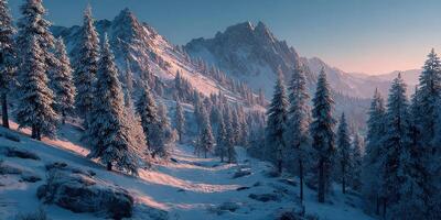 Winter landscape with snow-covered trees and mountains at dawn in a tranquil wilderness setting photo