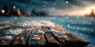 Snowflakes dance over a weathered wooden surface at dusk during winter in a serene outdoor setting photo