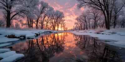 Winter sunset reflects on a serene river with frosted trees in a tranquil landscape photo