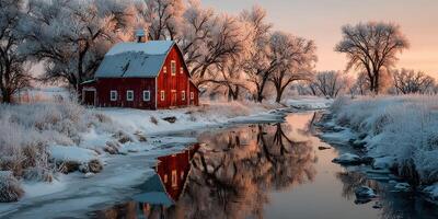 Snow-covered red barn beside a tranquil river at dawn surrounded by frosty trees photo