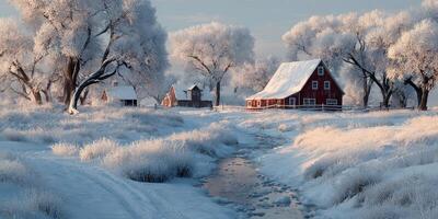 Snow-covered countryside landscape featuring a red barn surrounded by frosted trees and a meandering stream during winter photo
