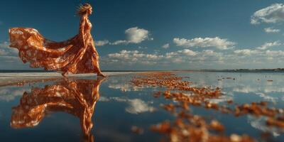 Woman in flowing dress walks along the shore reflecting blue sky and clouds during golden hour photo