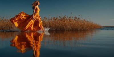 Woman in a flowing orange dress runs through calm water surrounded by tall grass at sunset photo