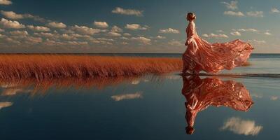 Woman in flowing dress walks gracefully through shallow water at sunset with vibrant reflections and serene sky photo