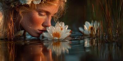 Delicate encounter between a young woman and water lilies at sunset in a serene pond photo