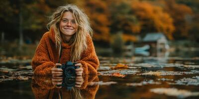 Capturing autumn's beauty while wading through calm water in a serene landscape photo
