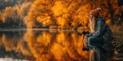 Woman sits by reflective lake surrounded by autumn foliage while holding camera photo