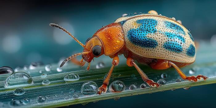 Brightly colored beetle perched on a leaf surrounded by water droplets in a lush garden setting photo
