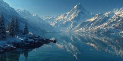 Majestic mountain landscape with snow-covered peaks and serene lake reflecting the sky at sunrise photo