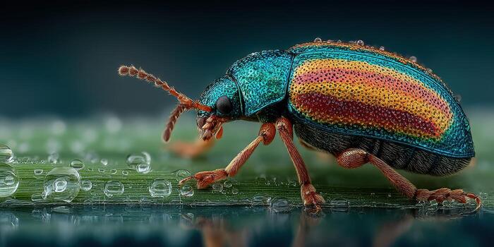 Close-up examination of a colorful beetle crawling on a leaf with water droplets in a forest setting during daytime photo