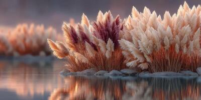 Golden hour reflection of pampas grass by a tranquil lake under soft clouds in early morning light photo