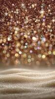 Golden shimmering lights create a sparkling effect against a soft, sandy background in an enchanting atmosphere photo