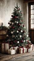 Christmas tree adorned with ornaments and gifts in a cozy indoor setting photo