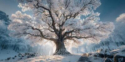 Majestic winter tree covered in snow amidst a serene forest landscape at dawn photo