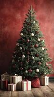 Festive Christmas tree adorned with ornaments and surrounded by neatly wrapped gifts in a cozy setting photo