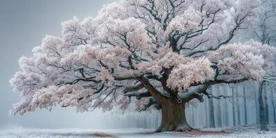 Majestic tree covered in frost stands tall in a serene winter landscape at dawn photo