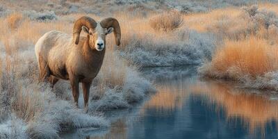 Majestic bighorn sheep stands near a serene stream at dawn in a tranquil wilderness setting photo