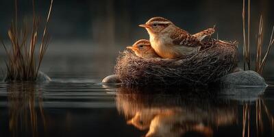 Birds resting in a nest by the water at dawn with soft light illuminating their feathers photo