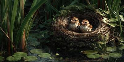 Two young birds resting in a cozy nest surrounded by lush greenery in a serene natural setting photo