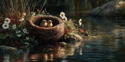 Nest of two baby birds by a serene pond surrounded by wildflowers during a calm afternoon photo