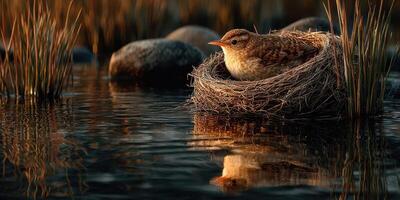 Bird nesting quietly by a calm water's edge surrounded by stones and tall grass during the golden hour photo